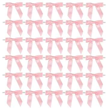 Satin Ribbon Pink Bow Decor 2.5" Premade Pink Twist Tie Bows for Gift Wrapping Pink Bow for Treat Bags Party Favors Wedding Decorations - 50 Counts