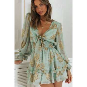 AlvaQ Women’s Summer Floral Print Dress - Deep V Neck & Ruffle Design