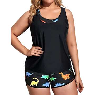 Holipick Women Black Dinosaur Plus Size 3 Piece Tankini Swimsuits Athletic Bathing Suits with Boy Sh...