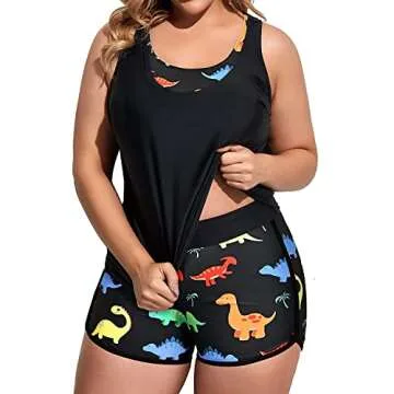 Holipick Women Black Dinosaur Plus Size 3 Piece Tankini Swimsuits Athletic Bathing Suits with Boy Shorts Tank Top with Sports Bra 22W