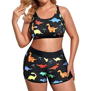 Holipick Women Black Dinosaur Plus Size 3 Piece Tankini Swimsuits Athletic Bathing Suits with Boy Shorts Tank Top with Sports Bra 22W