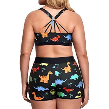 Holipick Women Black Dinosaur Plus Size 3 Piece Tankini Swimsuits Athletic Bathing Suits with Boy Shorts Tank Top with Sports Bra 22W