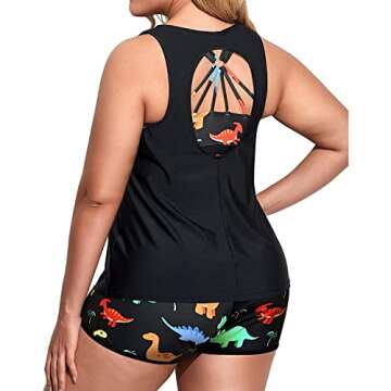 Holipick Women Black Dinosaur Plus Size 3 Piece Tankini Swimsuits Athletic Bathing Suits with Boy Shorts Tank Top with Sports Bra 22W