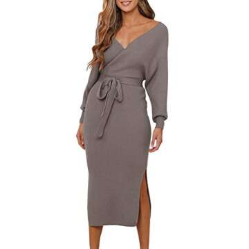 Fixmatti Women's Sweater Long Dress Bodycon Belted Blackless V Neck Slit Knit Wrap Dresses Khaki S