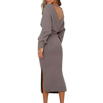 Fixmatti Women's Sweater Long Dress Bodycon Belted Blackless V Neck Slit Knit Wrap Dresses Khaki S