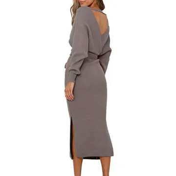 Fixmatti Women's Sweater Long Dress Bodycon Belted Blackless V Neck Slit Knit Wrap Dresses Khaki S