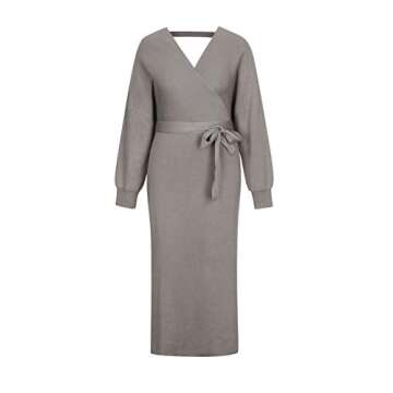Fixmatti Women's Sweater Long Dress Bodycon Belted Blackless V Neck Slit Knit Wrap Dresses Khaki S