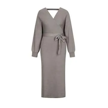 Fixmatti Women's Sweater Long Dress Bodycon Belted Blackless V Neck Slit Knit Wrap Dresses Khaki S