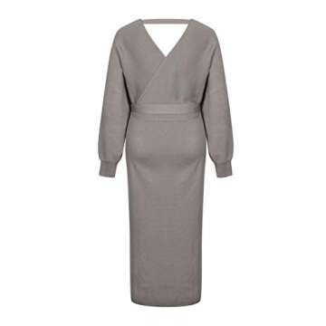 Fixmatti Women's Sweater Long Dress Bodycon Belted Blackless V Neck Slit Knit Wrap Dresses Khaki S