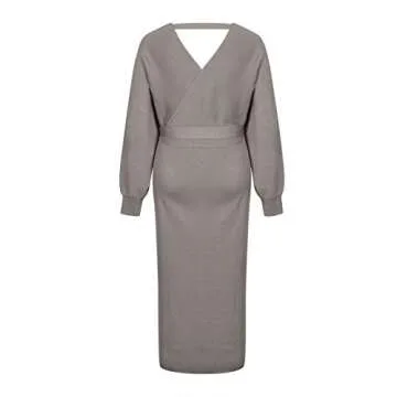 Fixmatti Women's Sweater Long Dress Bodycon Belted Blackless V Neck Slit Knit Wrap Dresses Khaki S