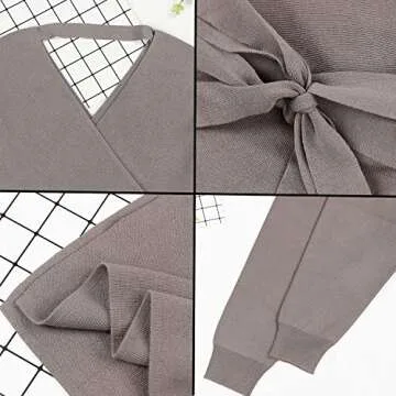 Fixmatti Women's Sweater Long Dress Bodycon Belted Blackless V Neck Slit Knit Wrap Dresses Khaki S