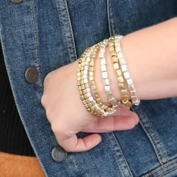 Rosemarie Collections Women's Two Tone Chunky Nugget Stacking Statement Stretch Bracelet Set of 7 (Matte Two Toned Gold Silver)