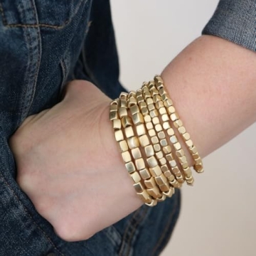 Rosemarie Collections Women's Two Tone Chunky Nugget Stacking Statement Stretch Bracelet Set of 7 (Matte Two Toned Gold Silver)