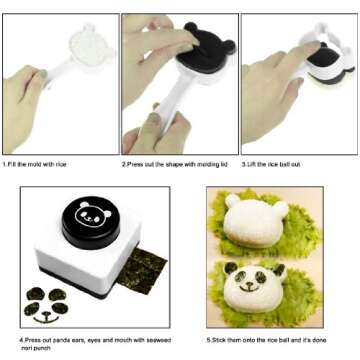 kilofly Bento Rice Ball Mold with Seaweed Nori Punch, Panda + Sushi Shaper Kit