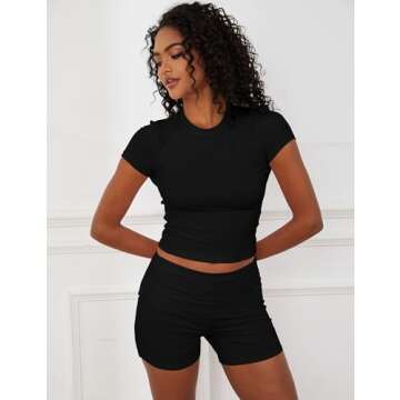 Livtany Women Yoga Lounge Sets Short Sleeve Crop Top and Low Rise Foldover Biker Shorts Set Ribbed Two Piece Outfit Tracksuit