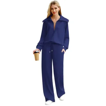 XIEERDUO Beach Outfits For Women Winter 2 Piece Lounge Sets 2024 Oversized Sweatsuit Tracksuit Navy Blue L