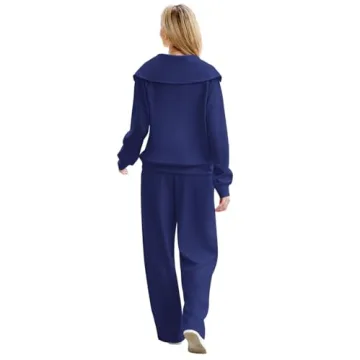 XIEERDUO Beach Outfits For Women Winter 2 Piece Lounge Sets 2024 Oversized Sweatsuit Tracksuit Navy Blue L