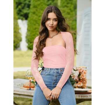 CSDAJIO Women's Going Out Tops Lace Long Sleeve Square Neck Crop Top Shirt Strapless Tube Top and Bolero Set Lace LightPink Small