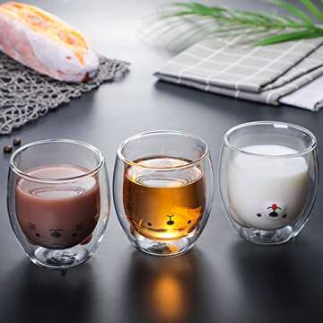 MOOVGTP 4Pcs Cute Coffee Mugs, Bear Duck Cat Tea Cup Double Wall Glass Mugs Milk Cup for Office and ...