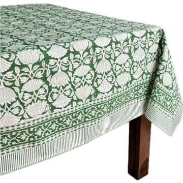 ATOSII Meadow Green 100% Cotton Fall Tablecloth, Handblock Print Square Table Cover for Kitchen Dini...