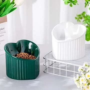 Mumufy 2 Pcs Ceramic Elevated Cat Bowls Tilted Elevated Raised Pet Bowls Anti Vomit Cat Dish for Indoor Stress Free Water Dish Feeder for Puppies, Heart Shaped(Pearly White, Peacock Green)