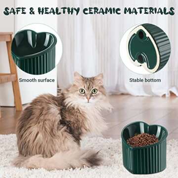Mumufy 2 Pcs Ceramic Elevated Cat Bowls Tilted Elevated Raised Pet Bowls Anti Vomit Cat Dish for Indoor Stress Free Water Dish Feeder for Puppies, Heart Shaped(Pearly White, Peacock Green)