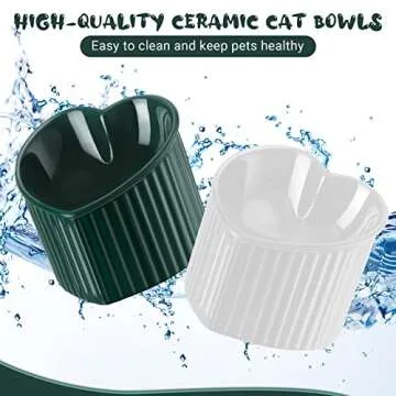 Mumufy 2 Pcs Ceramic Elevated Cat Bowls Tilted Elevated Raised Pet Bowls Anti Vomit Cat Dish for Indoor Stress Free Water Dish Feeder for Puppies, Heart Shaped(Pearly White, Peacock Green)
