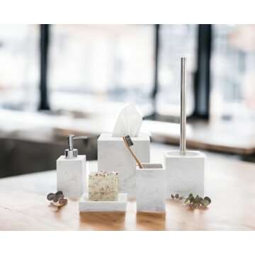 Kurrajong Farmhouse 5 Piece Bathroom Accessories Set Complete | Faux Marble and White Bathroom Accessory Set | Tissue Box, Toilet Brush, Soap Dish, Soap Dispenser, Toothbrush Holder