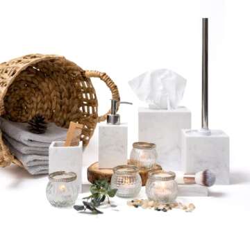 Kurrajong Farmhouse 5 Piece Bathroom Accessories Set Complete | Faux Marble and White Bathroom Accessory Set | Tissue Box, Toilet Brush, Soap Dish, Soap Dispenser, Toothbrush Holder