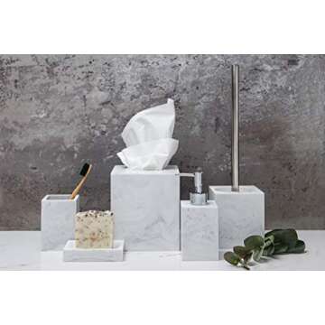 Kurrajong Farmhouse 5 Piece Bathroom Accessories Set Complete | Faux Marble and White Bathroom Accessory Set | Tissue Box, Toilet Brush, Soap Dish, Soap Dispenser, Toothbrush Holder