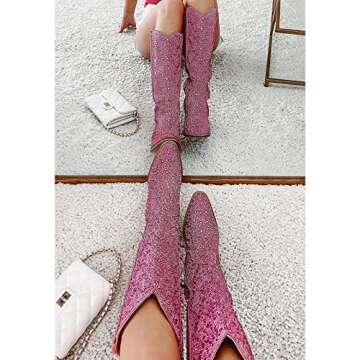 MUCCCUTE Women's Pink Rhinestone Western Knee-High Boots Cowgirl Point-Toe Block Heel Wedding Party ...
