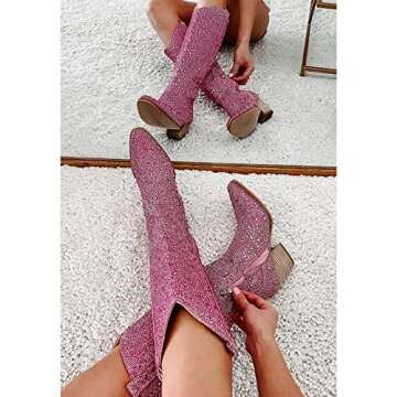 MUCCCUTE Pink Rhinestone Western Boots for Women