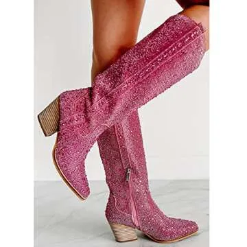 MUCCCUTE Pink Rhinestone Western Boots for Women