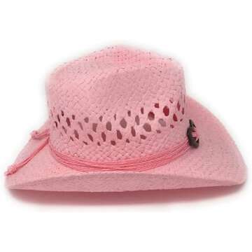 Boho Hip Cowgirl Hat with Heart Concho, Natural Toyo Straw, Shapeable Brim (Pink)