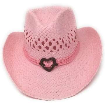 Boho Hip Cowgirl Hat with Heart Concho, Natural Toyo Straw, Shapeable Brim (Pink)