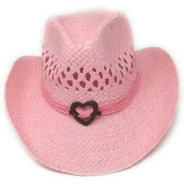 Boho Hip Cowgirl Hat with Heart Concho, Natural Toyo Straw, Shapeable Brim (Pink)
