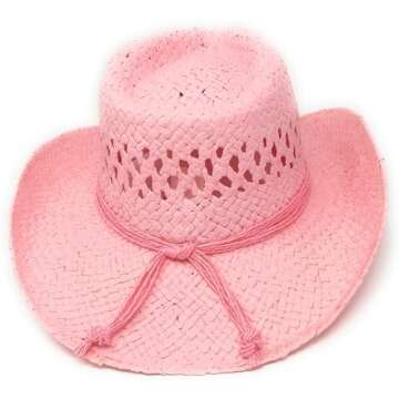 Boho Hip Cowgirl Hat with Heart Concho, Natural Toyo Straw, Shapeable Brim (Pink)