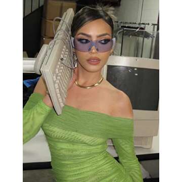 AIEYEZO Rimless Y2K Sunglasses Women Men Oversized Fashion Wrap Around Frameless Sun Glasses (Blue)