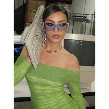 AIEYEZO Rimless Y2K Sunglasses Women Men Oversized Fashion Wrap Around Frameless Sun Glasses (Blue)