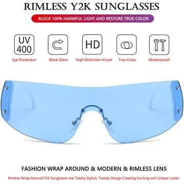 AIEYEZO Rimless Y2K Sunglasses Women Men Oversized Fashion Wrap Around Frameless Sun Glasses (Blue)