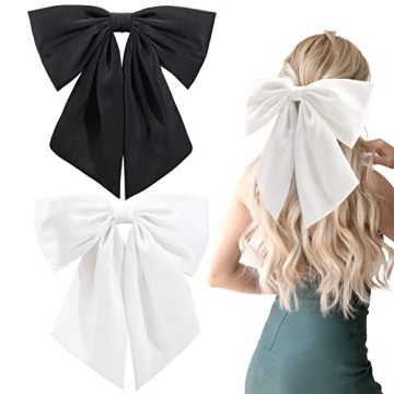 2Pcs Big Satin Hair Bows for Women Girls 10 Inch Barrette Hair Clip Long Black White Silk Ribbon bri...