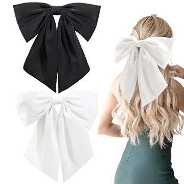 2Pcs Big Satin Hair Bows for Women Girls 10 Inch Barrette Hair Clip Long Black White Silk Ribbon bri...