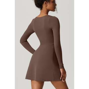 QINSEN Women's Long Sleeve Square Neck Bodycon Dress Above Knee Length Active Dress Chestnut S