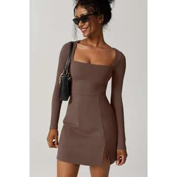 QINSEN Women's Long Sleeve Square Neck Bodycon Dress Above Knee Length Active Dress Chestnut S