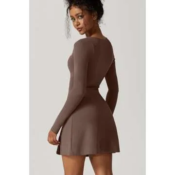 QINSEN Women's Long Sleeve Square Neck Bodycon Dress Above Knee Length Active Dress Chestnut S