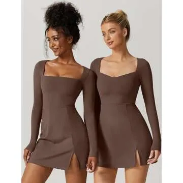 QINSEN Women's Long Sleeve Square Neck Bodycon Dress Above Knee Length Active Dress Chestnut S