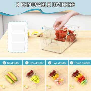 SPACEKEEPER Pantry Organization and Storage Bins 8 Pack Clear Storage Organizer Bins with Removable Dividers, Refrigerator Containers Multi-Use for Kitchen, Cabinet, Countertops