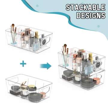 SPACEKEEPER Pantry Organization and Storage Bins 8 Pack Clear Storage Organizer Bins with Removable Dividers, Refrigerator Containers Multi-Use for Kitchen, Cabinet, Countertops