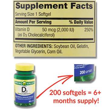 Vitamin D3 2000iu Softgels (50 mcg) (200 Count - 6+ Month Supply) Bone & Immune Health from Spring V...