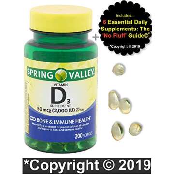Vitamin D3 2000iu Softgels (50 mcg) (200 Count - 6+ Month Supply) Bone & Immune Health from Spring Valley. + 'No Fluff' Supplement Guide